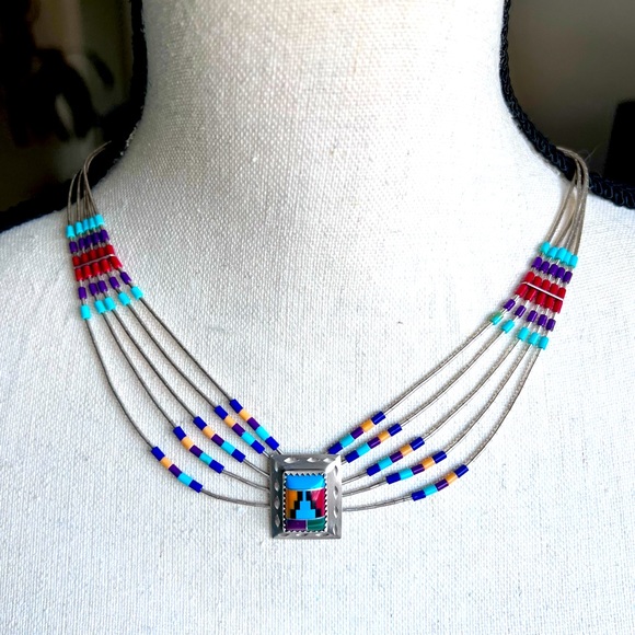 Southwest Style Necklace Earring Set Liquid Silver Semi-Precious Inlay Stones - Picture 2 of 16